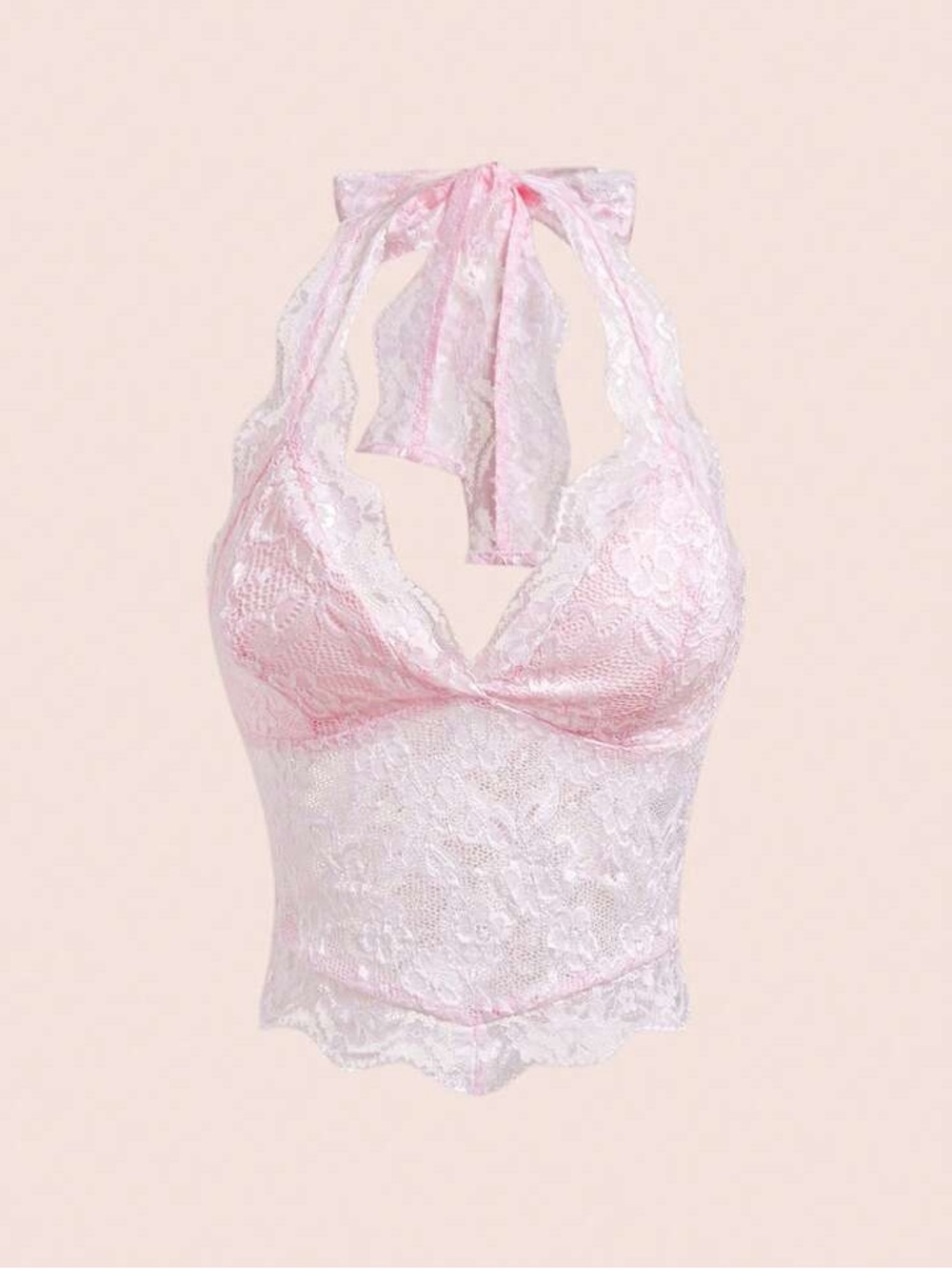 ROMWE Pink Lace Halter Crop Top